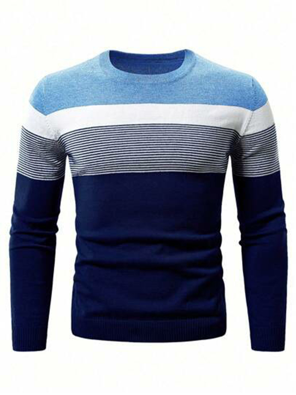 Pánsky jesenný a zimný pletený sveter s dlhým rukávom, farebnými blokmi a pruhovaným vzorom na rok 2024, klasická ležérna základná košeľa s okrúhlym výstrihom a dlhým rukávom