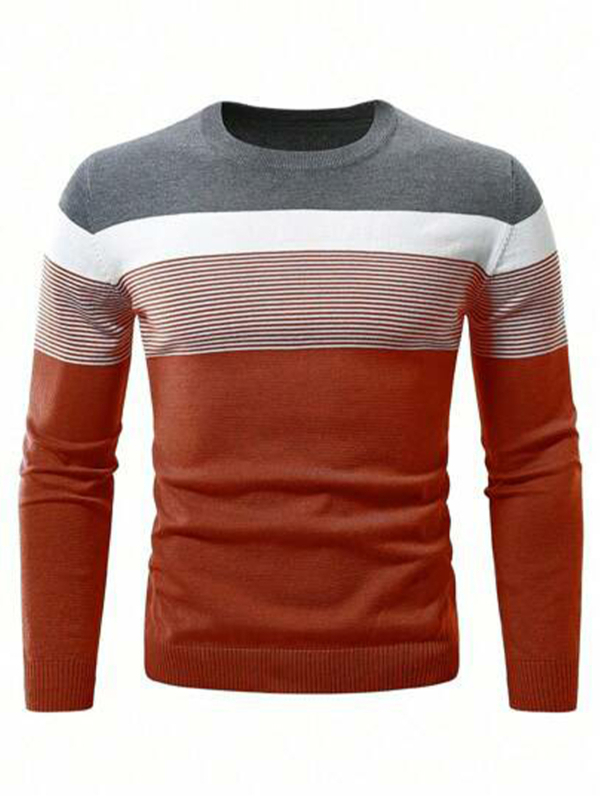 Pánsky jesenný a zimný pletený sveter s dlhým rukávom, farebnými blokmi a pruhovaným vzorom na rok 2024, klasická ležérna základná košeľa s okrúhlym výstrihom a dlhým rukávom