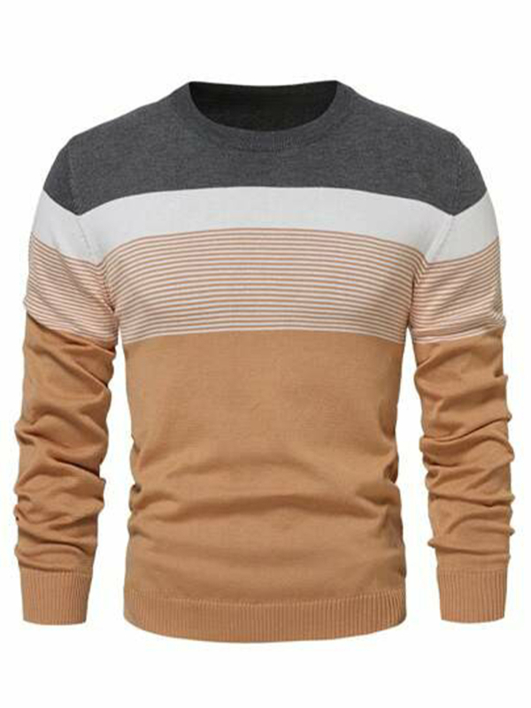 Pánsky jesenný a zimný pletený sveter s dlhým rukávom, farebnými blokmi a pruhovaným vzorom na rok 2024, klasická ležérna základná košeľa s okrúhlym výstrihom a dlhým rukávom