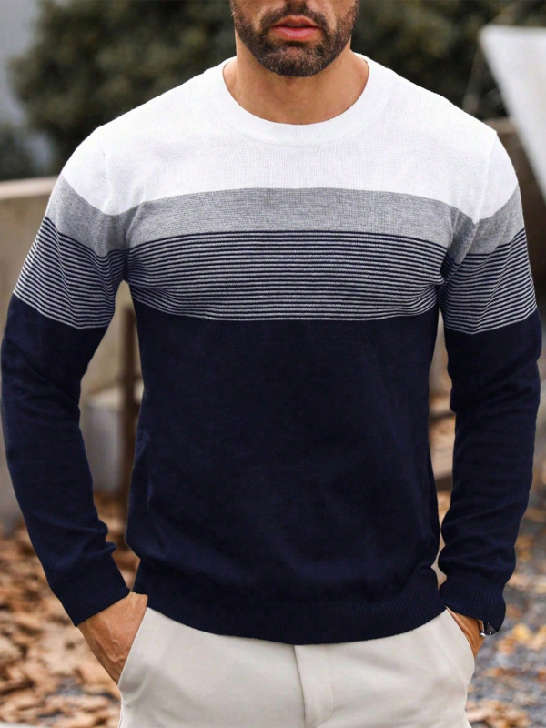 Pánsky jesenný a zimný pletený sveter s dlhým rukávom, farebnými blokmi a pruhovaným vzorom na rok 2024, klasická ležérna základná košeľa s okrúhlym výstrihom a dlhým rukávom