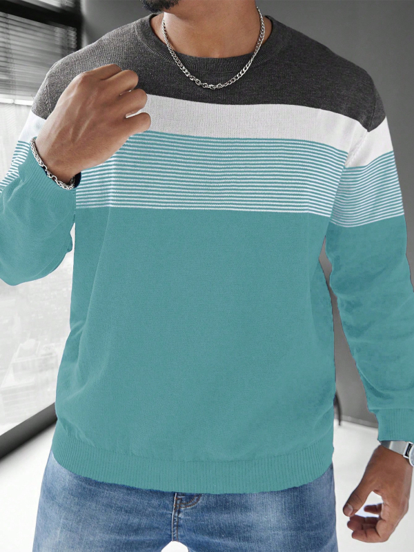 Pánsky jesenný a zimný pletený sveter s dlhým rukávom, farebnými blokmi a pruhovaným vzorom na rok 2024, klasická ležérna základná košeľa s okrúhlym výstrihom a dlhým rukávom