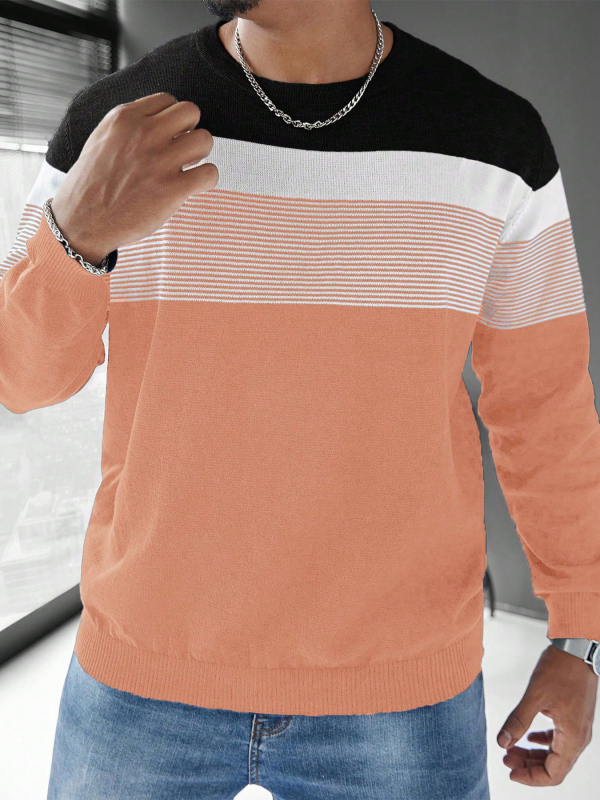 Pánsky jesenný a zimný pletený sveter s dlhým rukávom, farebnými blokmi a pruhovaným vzorom na rok 2024, klasická ležérna základná košeľa s okrúhlym výstrihom a dlhým rukávom