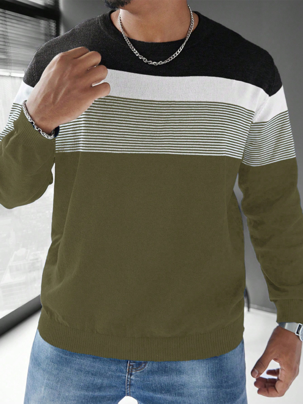 Pánsky jesenný a zimný pletený sveter s dlhým rukávom, farebnými blokmi a pruhovaným vzorom na rok 2024, klasická ležérna základná košeľa s okrúhlym výstrihom a dlhým rukávom