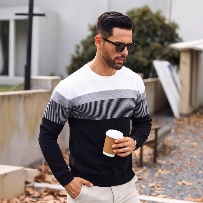 Pánsky jesenný a zimný pletený sveter s dlhým rukávom, farebnými blokmi a pruhovaným vzorom na rok 2024, klasická ležérna základná košeľa s okrúhlym výstrihom a dlhým rukávom