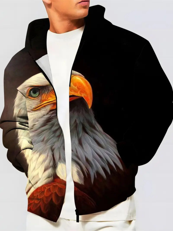 Vyriška striukė su gobtuvu „Note Leaves“ 3D raštu, erelio raštu, užtrauktuku ir raišteliu MF008