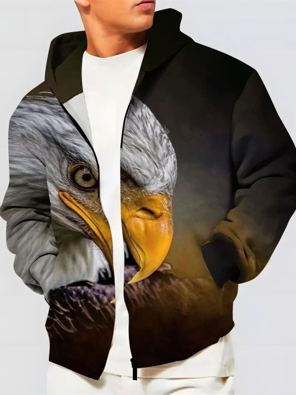 Vyriška striukė su gobtuvu „Note Leaves“ 3D raštu, erelio raštu, užtrauktuku ir raišteliu MF008