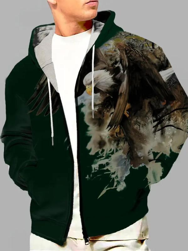 Vyriška striukė su gobtuvu „Note Leaves“ 3D raštu, erelio raštu, užtrauktuku ir raišteliu MF008