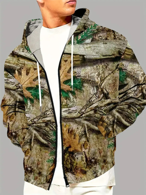 Vyriška striukė su gobtuvu „Note Leaves“ 3D raštu, erelio raštu, užtrauktuku ir raišteliu MF008