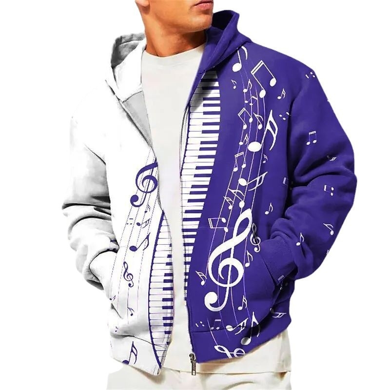 Vyriška striukė su gobtuvu „Note Leaves“ 3D raštu, erelio raštu, užtrauktuku ir raišteliu MF008