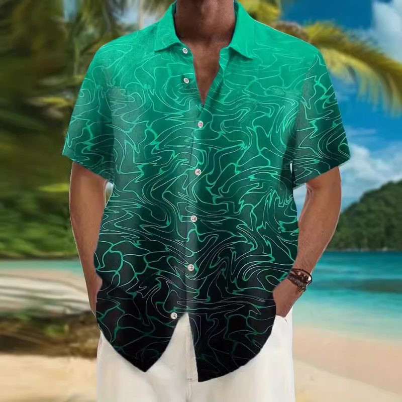 Καλοκαιρινό διασυνοριακό ανδρικό πουκάμισο με πέτο, χαβανέζικης μόδας, χαλαρό, σε μέγεθος, με τρισδιάστατη ψηφιακή εκτύπωση, για άνδρες, με κοντό μανίκι, σε φαρδιά γραμμή, για συνταξιούχους, Ευρώπη και Ηνωμένες Πολιτείες.