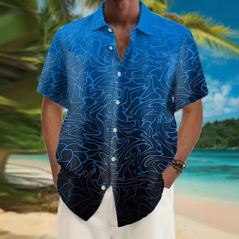 Καλοκαιρινό διασυνοριακό ανδρικό πουκάμισο με πέτο, χαβανέζικης μόδας, χαλαρό, σε μέγεθος, με τρισδιάστατη ψηφιακή εκτύπωση, για άνδρες, με κοντό μανίκι, σε φαρδιά γραμμή, για συνταξιούχους, Ευρώπη και Ηνωμένες Πολιτείες.
