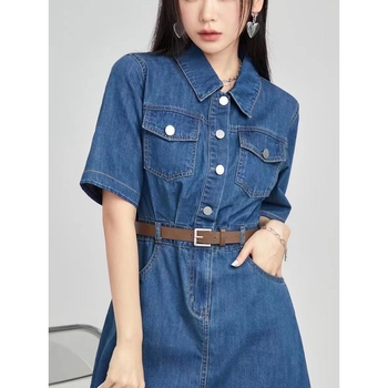 Nové letné voľné ležérne džínsové šaty s vysokým pásom, zoštíhľujúce, sladké, štýlové, univerzálne, pre ženy ·