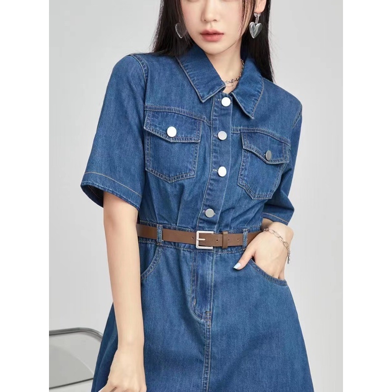 Nové letné voľné ležérne džínsové šaty s vysokým pásom, zoštíhľujúce, sladké, štýlové, univerzálne, pre ženy ·