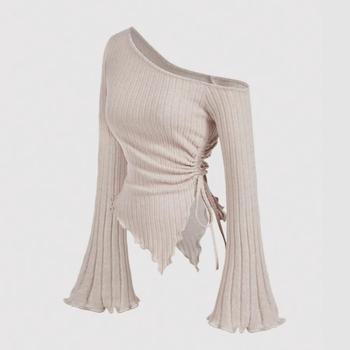 Îmbrăcăminte pentru femei de la export european și american, tricotaje Amazon pentru femei cu mâneci clopot, fără umeri, tricotaje asimetrice cu șireturi și dungi groase