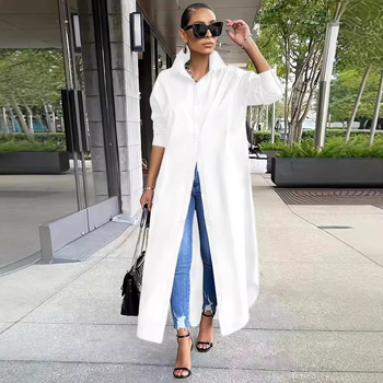 Pliusinių dydžių moteriški drabužiai 2024 m. Europos ir Amerikos tarpvalstybiniai rudens ir žiemos nauji mados laisvalaikio grynos spalvos suknelė ilgomis rankovėmis ypač didelis dydis