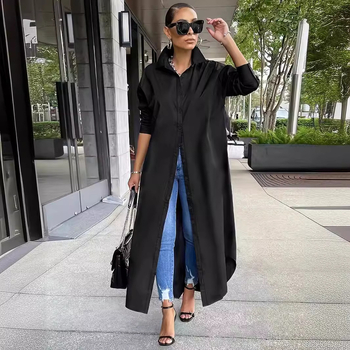 Pliusinių dydžių moteriški drabužiai 2024 m. Europos ir Amerikos tarpvalstybiniai rudens ir žiemos nauji mados laisvalaikio grynos spalvos suknelė ilgomis rankovėmis ypač didelis dydis