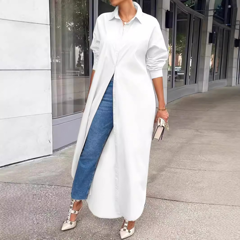 Pliusinių dydžių moteriški drabužiai 2024 m. Europos ir Amerikos tarpvalstybiniai rudens ir žiemos nauji mados laisvalaikio grynos spalvos suknelė ilgomis rankovėmis ypač didelis dydis