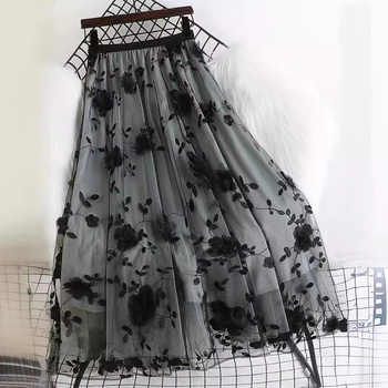 Fustă de lungime medie, cu broderie stereo, de dimensiuni mari, europene și americane, pentru industria grea, cu plasă florală, aspect proaspăt, dulce și subțire