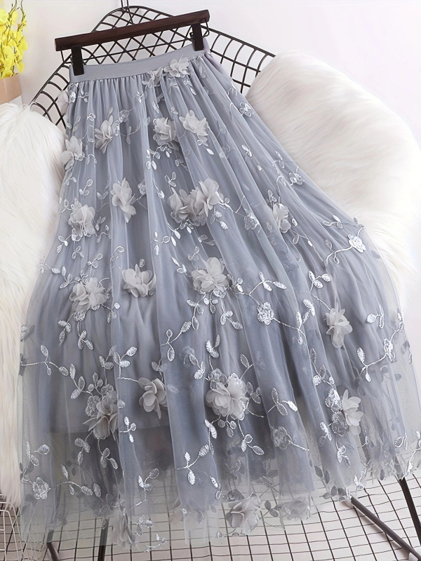 Fustă de lungime medie, cu broderie stereo, de dimensiuni mari, europene și americane, pentru industria grea, cu plasă florală, aspect proaspăt, dulce și subțire