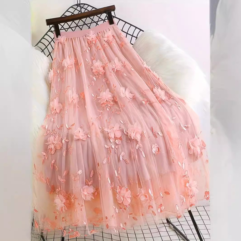 Fustă de lungime medie, cu broderie stereo, de dimensiuni mari, europene și americane, pentru industria grea, cu plasă florală, aspect proaspăt, dulce și subțire