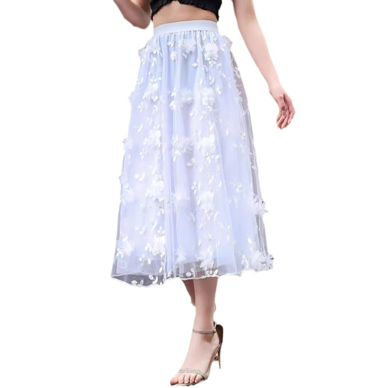 Fustă de lungime medie, cu broderie stereo, de dimensiuni mari, europene și americane, pentru industria grea, cu plasă florală, aspect proaspăt, dulce și subțire