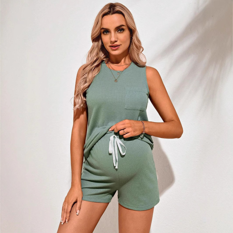 2025 Amazon Rochie de maternitate transfrontalieră europeană și americană, culoare solidă, lejeră, casual, cu guler rotund, fără mâneci, pantaloni scurți, costum din două piese