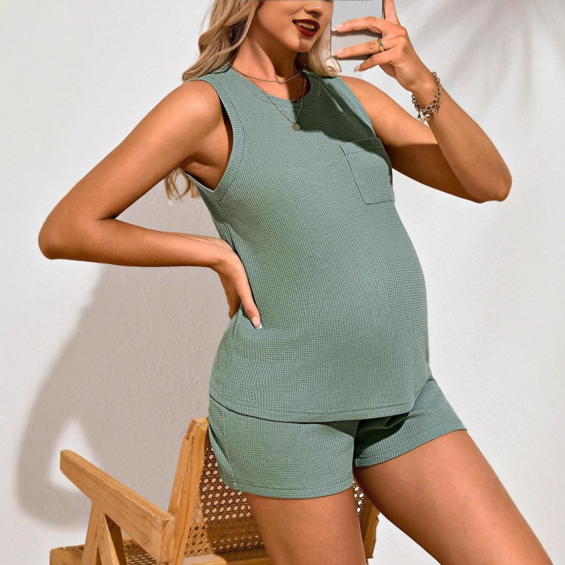 2025. aasta Amazoni Euroopa ja Ameerika piiriülene raseduskleit, ühevärviline, lahtise vabaaja, ümmarguse kaelusega, varrukateta, lühikesed püksid, kaheosaline ülikond