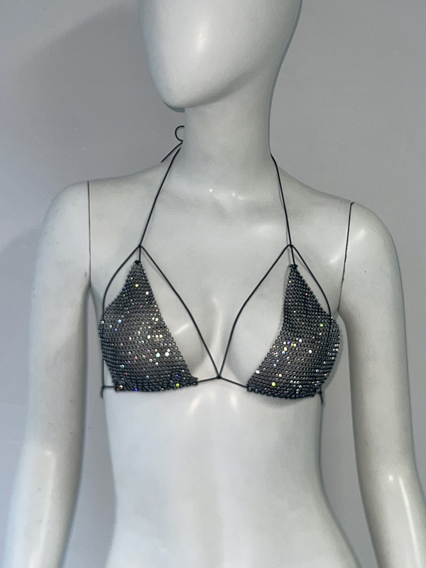 Tarpvalstybinis Europos ir Amerikos mados dizainas su cirkonio bikinio viršumi, moteriška karšta mergina, seksuali žvejybos tinklo maža liemenė su petnešomis