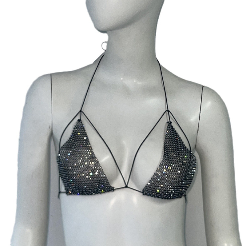 Tarpvalstybinis Europos ir Amerikos mados dizainas su cirkonio bikinio viršumi, moteriška karšta mergina, seksuali žvejybos tinklo maža liemenė su petnešomis
