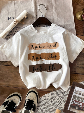 Tricou cu imprimeu de litere, top casual cu mânecă scurtă și guler rotund, vară și primăvară, îmbrăcăminte pentru femei