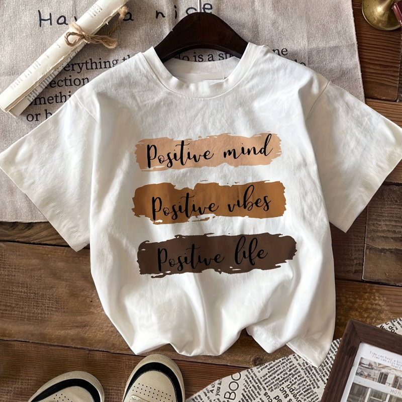 Tricou cu imprimeu de litere, top casual cu mânecă scurtă și guler rotund, vară și primăvară, îmbrăcăminte pentru femei