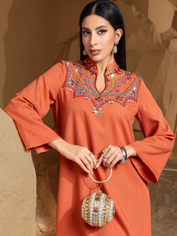 Ba5253 Rochie elegantă arabică, cusută manual, din Orientul Mijlociu, din industrie grea, cusută manual, cu diamante, lejeră, pentru export, îmbrăcăminte pentru femei din Orientul Mijlociu