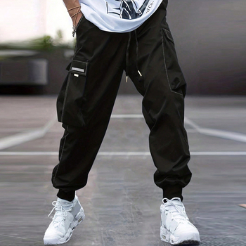 Pantaloni transfrontalieri pentru bărbați, pantaloni casual largi, salopete de jogging, pantaloni explozivi cu mai multe buzunare și cordon pentru picioare