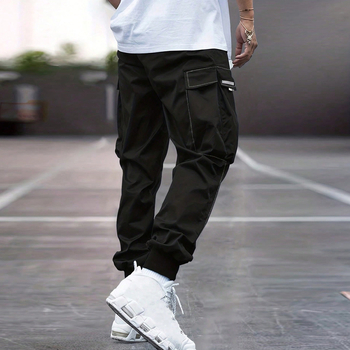 Pantaloni transfrontalieri pentru bărbați, pantaloni casual largi, salopete de jogging, pantaloni explozivi cu mai multe buzunare și cordon pentru picioare