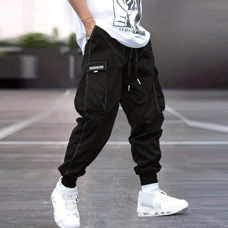 Pantaloni transfrontalieri pentru bărbați, pantaloni casual largi, salopete de jogging, pantaloni explozivi cu mai multe buzunare și cordon pentru picioare