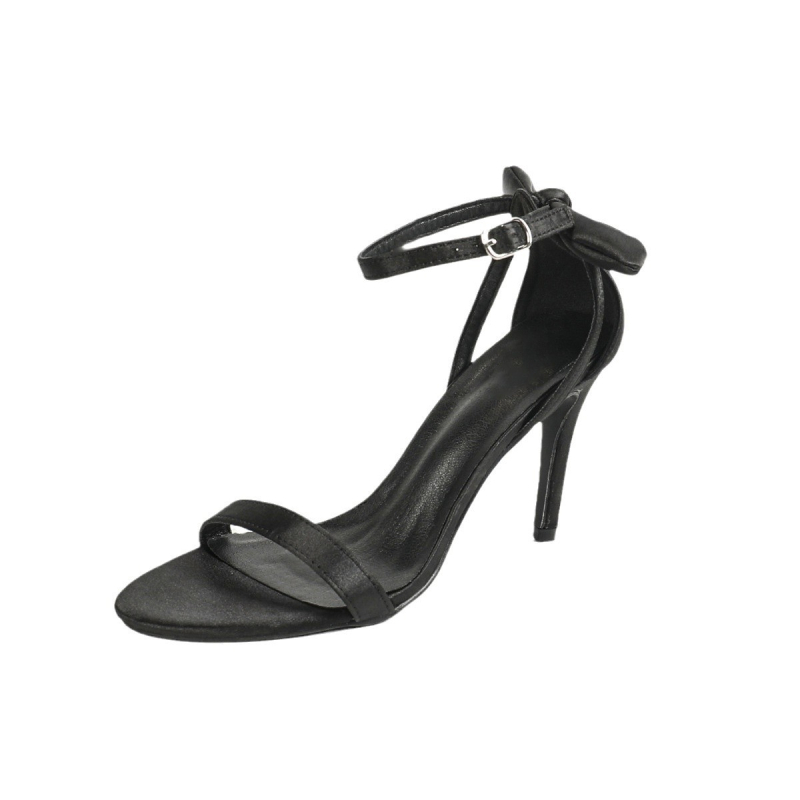 Pantofi de damă sexy negri cu toc înalt, cu toc subțire, retro din satin, cu fundă, cu vârful deschis