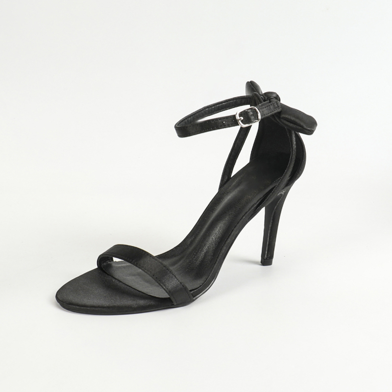 Pantofi de damă sexy negri cu toc înalt, cu toc subțire, retro din satin, cu fundă, cu vârful deschis