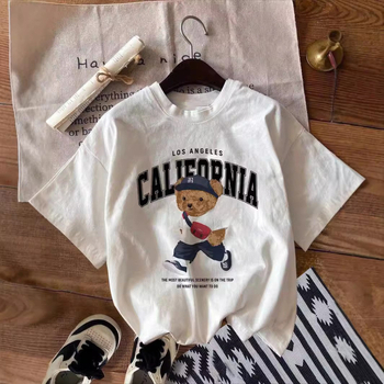 Tricou de vară pentru femei, stil California College, cu mânecă scurtă și imprimeu cu urs alb, stil transfrontalier european și american, casual, potrivit pentru vară