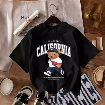 Tricou de vară pentru femei, stil California College, cu mânecă scurtă și imprimeu cu urs alb, stil transfrontalier european și american, casual, potrivit pentru vară