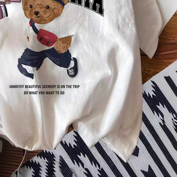 Tricou de vară pentru femei, stil California College, cu mânecă scurtă și imprimeu cu urs alb, stil transfrontalier european și american, casual, potrivit pentru vară