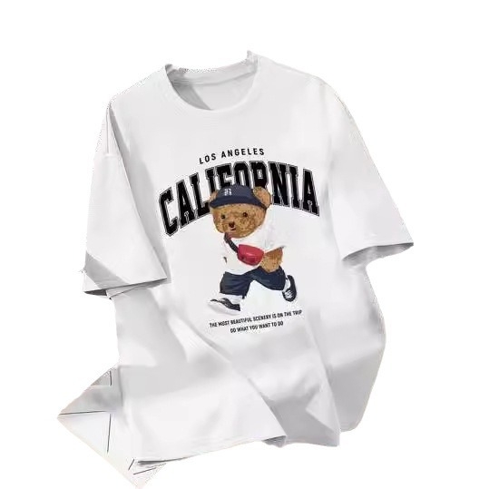 Tricou de vară pentru femei, stil California College, cu mânecă scurtă și imprimeu cu urs alb, stil transfrontalier european și american, casual, potrivit pentru vară