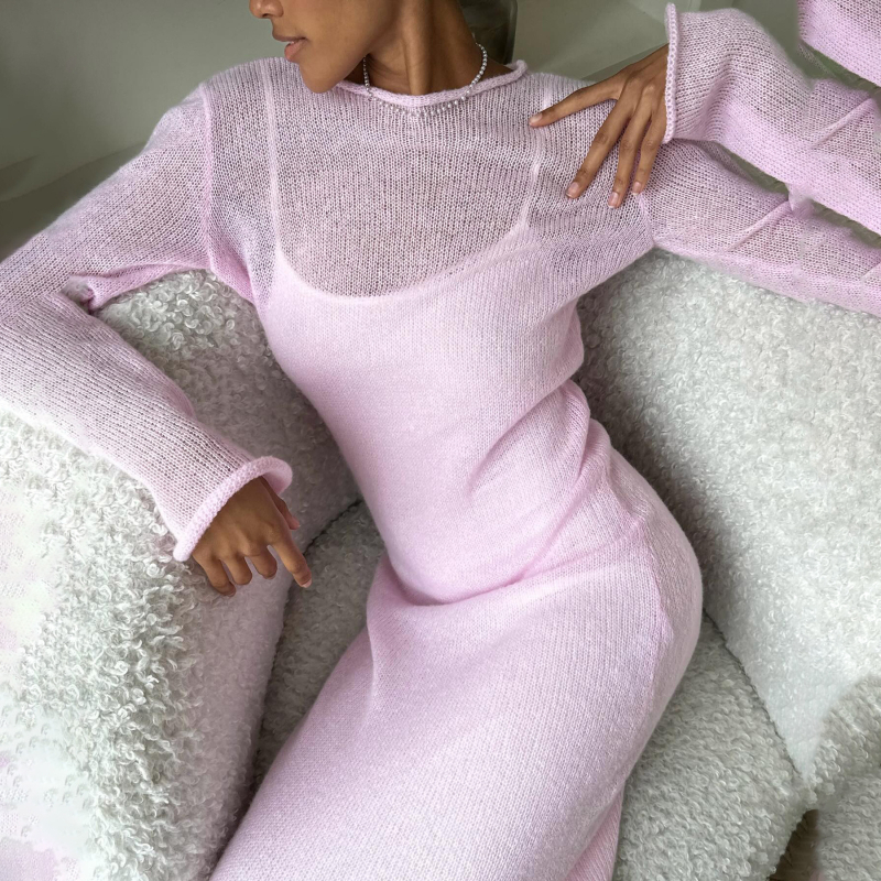 Rochie elegantă de lână cu guler rotund, de culoare solidă, pentru femei, europene și americane, transfrontalieră, la modă, sexy, subțire, de primăvară și toamnă