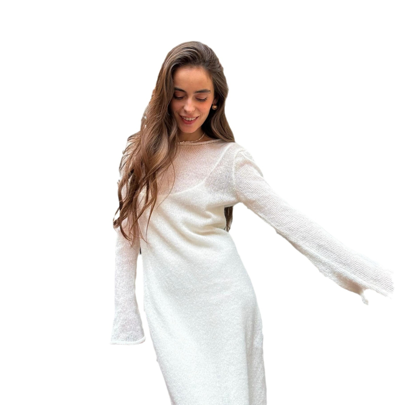 Rochie elegantă de lână cu guler rotund, de culoare solidă, pentru femei, europene și americane, transfrontalieră, la modă, sexy, subțire, de primăvară și toamnă