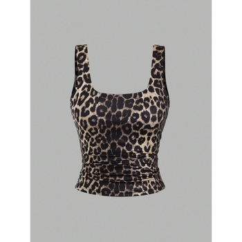 Νέο μοντέρνο γυναικείο γιλέκο λεοπάρ print του 2024, σέξι, μεγάλο, κοντό, τιράντες με λαιμόκοψη U και διαρροή στον ομφαλό