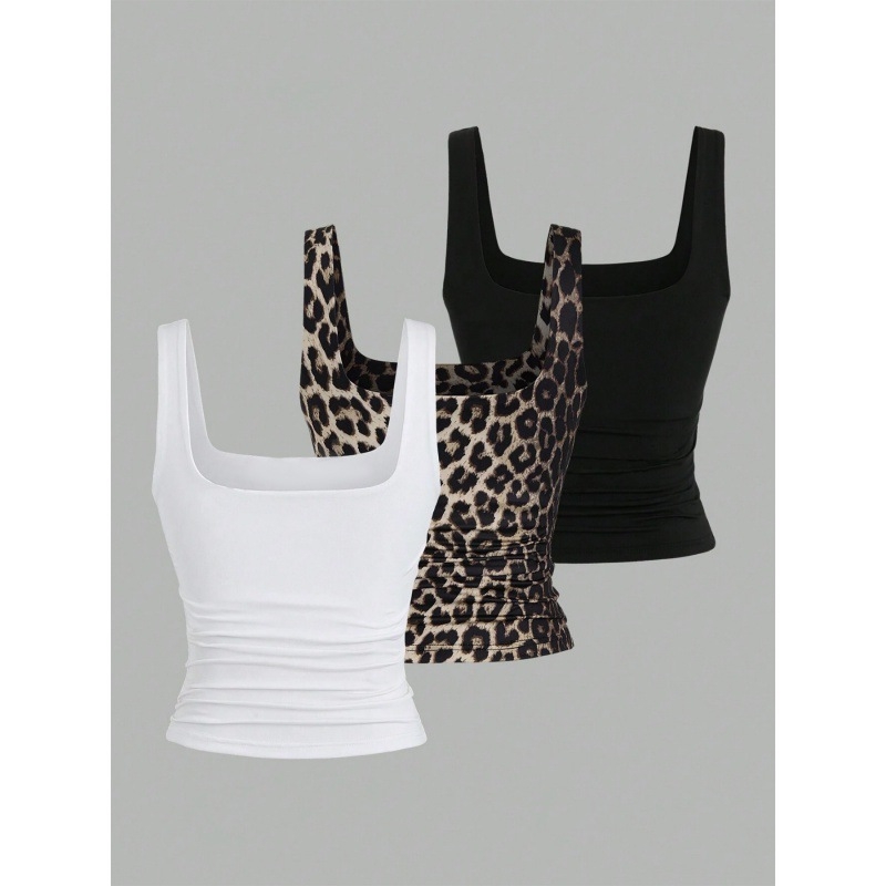 Vestă scurtă cu imprimeu leopard pentru femei, la modă, 2024, sexy, cu scurgeri de buric, cu guler în U mare