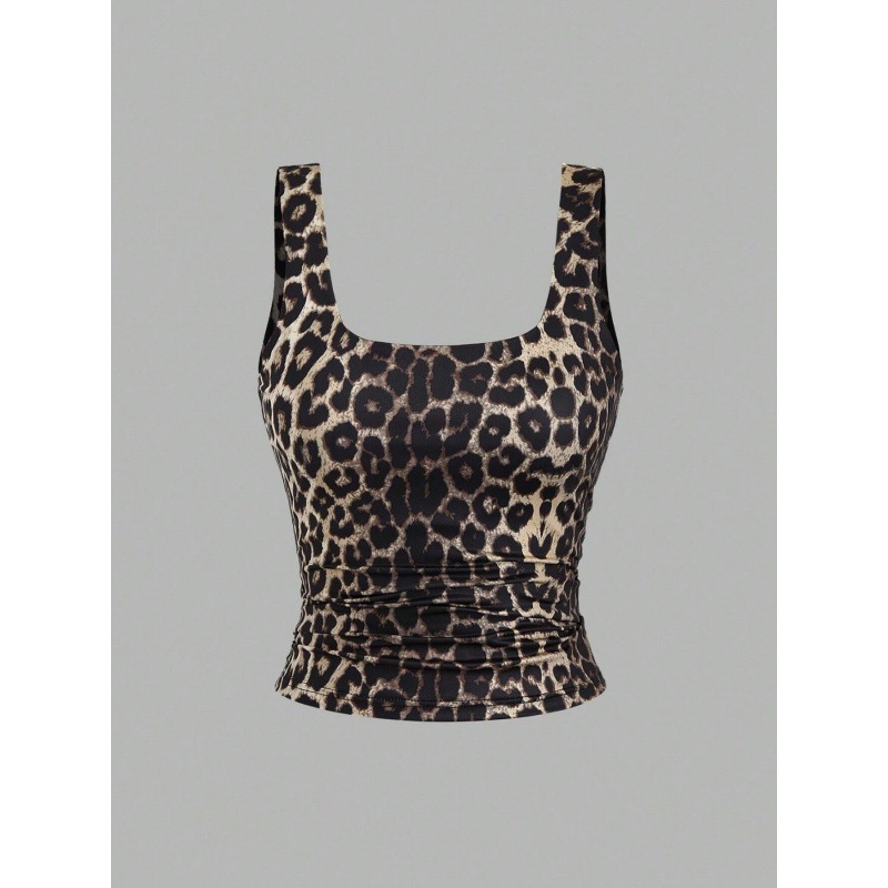 Vestă scurtă cu imprimeu leopard pentru femei, la modă, 2024, sexy, cu scurgeri de buric, cu guler în U mare