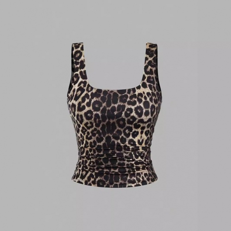 Vestă scurtă cu imprimeu leopard pentru femei, la modă, 2024, sexy, cu scurgeri de buric, cu guler în U mare