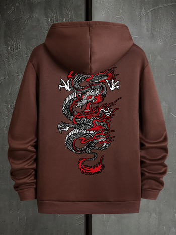 Мъжки ежедневен суичър с геометричен дракон - полиестер с джобове, може да се пере в пералня - пролет/есен