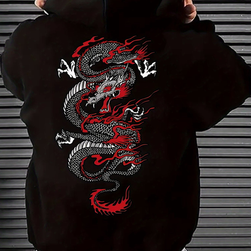 Pánska ležérna mikina s geometrickým drakom - polyesterová s vreckami, prateľná v práčke - jar/jeseň