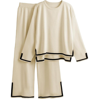 2024 Amazon Cross-border Lazy Style Knitted Wide Leg Pants Suit Sweater Pullover Γυναικεία Casual Pants Temperament Two Pieces